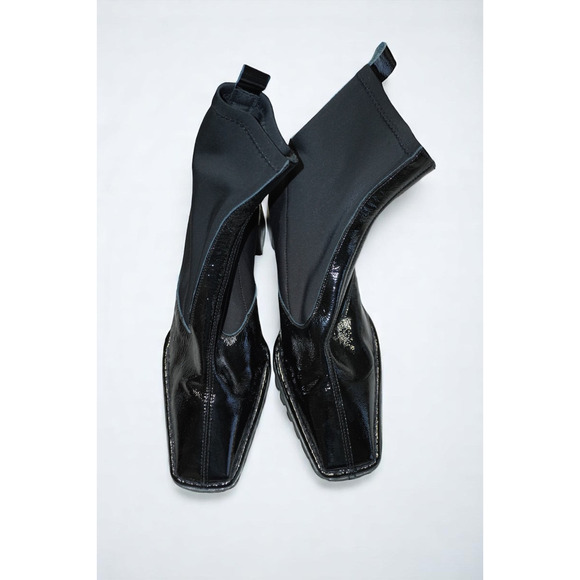 Black Patent Sock Ankle Boots Womens 7 Made in Spain Lug Sole Square Toe Stretch - Picture 9 of 9